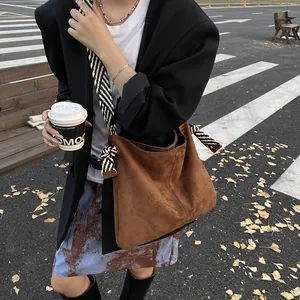 Retro brown suede large capacity tote bag with striped rope strap for women, casual