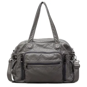 Close-up of vintage grey PU leather tote bag with functional multi-pocket design