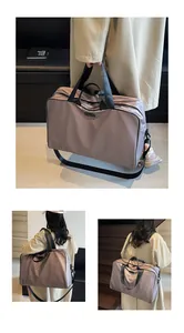 Large mauve travel bag with shoulder strap and trolley sleeve shown in lifestyle settings