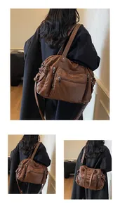 Detailed rear view showing the brown vintage multi-pocket PU leather tote bag on a model
