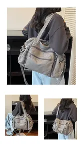 Detailed multi-angle views of grey vintage multi-pocket PU leather tote bag on model