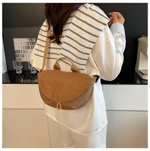 Bolso bandolera informal de lona marrón con diseño de cuadros japoneses para mujer moderna