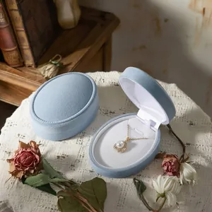 Premium light blue velvet oval jewelry box for necklace storage and display box set