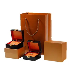 Luxury black lacquered jewelry gift box set with orange interior for rings and necklaces