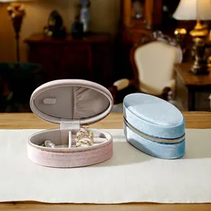 Vintage Samt Oval Schmuckschatulle Mini Tragbare Reise Schmuck Veranstalter Mit Metall Reißverschluss Für Ring Halskette Anhänger