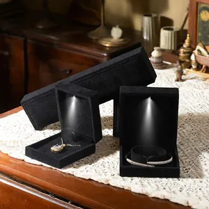 LED Light Jewelry Box Black Velvet Square Gift Packaging Case For Ring Pendant Bracelet Necklace Jewelry Display Box