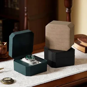 Octagonal Watch Box PU Leather Wood Grain Pattern Retro High Grade Flip Top Watch Storage Case Wristwatch Display Case