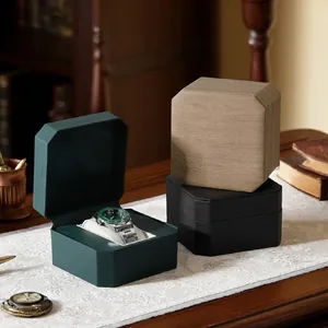 Vintage octagonal wooden watch box with high-end flip-top storage and velvet cushion