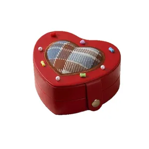 Red heart shaped jewelry box with plaid heart detail for rings and earrings gift