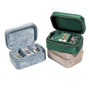 Portable Velvet Linen Jewelry Storage Box Double Layer Travel Jewelry Organizer Zipper Case For Rings Earrings Necklaces Bracelet Storage Case