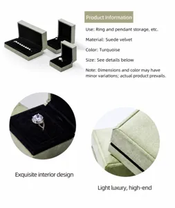 Detailed view of turquoise suede jewelry box with premium black velvet interior for rings