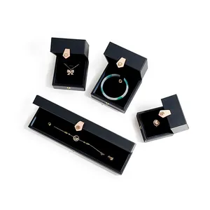 Elegant black PU leather jewelry packaging boxes with rose gold snap buttons set