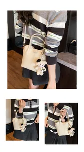 Elegant cream bucket handbag with cute bear charm shown in multiple wearing styles