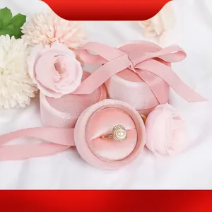 Cylinder Velvet Jewelry Box With Ribbon Bow For Ring Earring Pendant Jewelry Storage Case Gift Box For Wedding Women Proposal