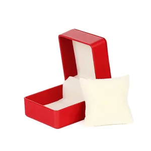 High-end red PU leather watch gift box with flip top and soft white velvet pillow insert.