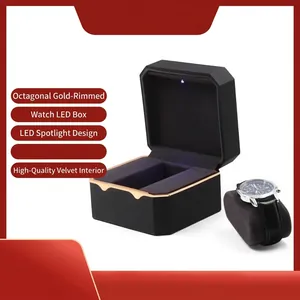 Luxury Octagonal LED Watch Box with Gold Rim Velvet Lining Jewelry Display Case Gift Storage Box for Watches