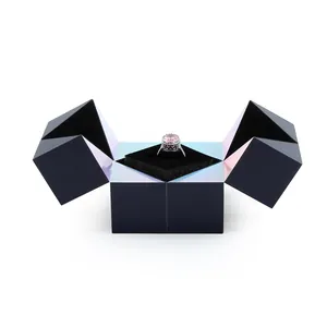 Caja creativa para anillo de compromiso estilo cubo de Rubik, acabado negro irisado