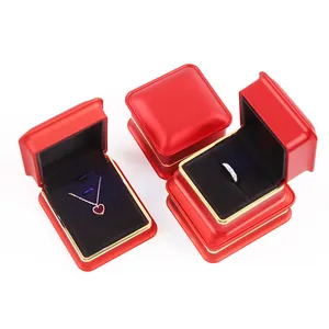 Creative red LED jewelry boxes set for rings and necklaces with elegant gold trim