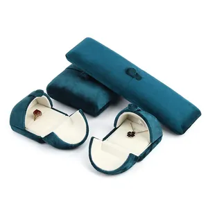 Elegante set di scatole regalo per gioielli in velluto blu pavone con doppia apertura a scatto