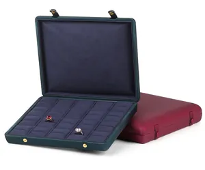 Detailed view of large capacity jewelry box with ring display slots and double clasps