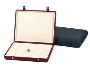 Detailed view of jewelry storage box with dual snap closure and velvet ring slots