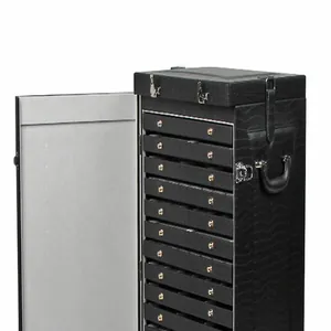 Vue détaillée d'une armoire à bijoux noire à motif crocodile avec plusieurs tiroirs