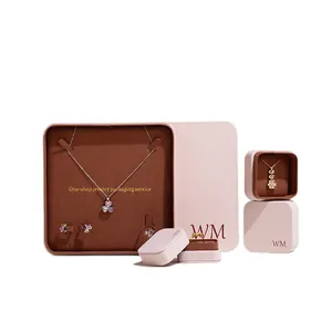 Elegant pink PU leather jewelry packaging boxes with lid for rings and necklaces
