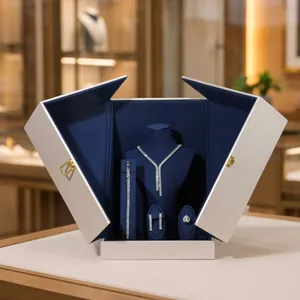 Luxuriöse weiße Doppeltür-Schmuckschatulle mit tiefblauem Samt-Innenfutter-Design