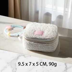 Portable mini tweed jewelry box for rings and earrings with beaded handle