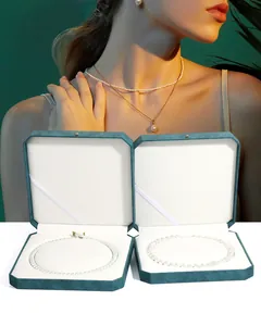 Detail view of teal octagonal jewelry box with white interior for pearl necklaces