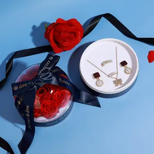 Elegantes Schmuck-Geschenkbox-Set mit roten Seifenrosen, Halskette, Ohrringen und Ring.