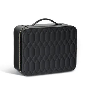 Elegante custodia da viaggio per gioielli in pelle PU nera trapuntata con manico e cerniera oro