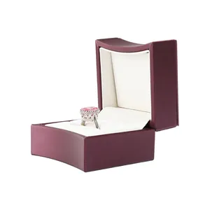 Elegant burgundy brushed PU leather ring box with soft white interior lining display