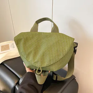 Bolso Bandolera de Nailon a Cuadros Minimalista Estilo Japonés para Mujer Cierre Magnético Impermeable Fitness Regalo