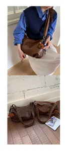 Vintage large capacity brown faux leather hobo shoulder bag featuring a cute bear charm