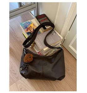 Vintage dark brown PU leather hobo shoulder bag for women with cute teddy bear charm