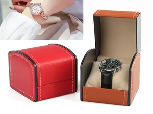 Rote und orangefarbene PU-Leder-Uhrenboxen mit Klappdeckel und eleganten weißen Ziernähten