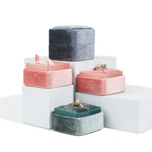 Elegant velvet jewelry boxes for rings and earrings in multiple soft pastel colors
