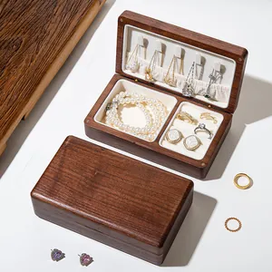 Caja de joyas vintage de madera maciza con forro de terciopelo para anillos y collares