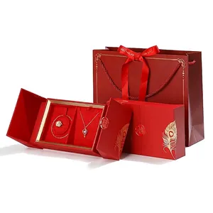 Traditionelle Chinesische Hochzeits Schmuckschatulle Set Roter Samt Schmuck Aufbewahrungskoffer Drache Phönix Goldprägung Geschenkbox