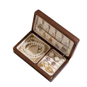 Caja de joyería vintage de madera maciza con forro de terciopelo y múltiples divisiones