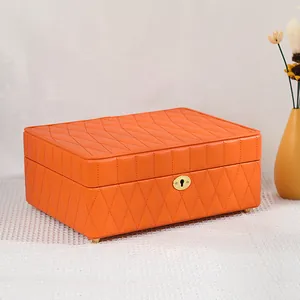 Large-capacity orange jewelry box with elegant diamond quilted faux leather finish