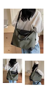 Detailed views of an olive green travel bag with GUOMISSA branding worn by a model.