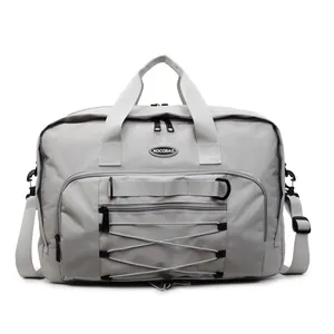 Durable large capacity techwear travel bag in light grey with multiple zipper compartments