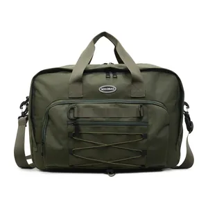 Close-up of olive green tactical messenger bag with multi-pocket and bungee cord detail