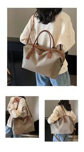 Large capacity khaki travel bag with brown straps shown on a model from different angles