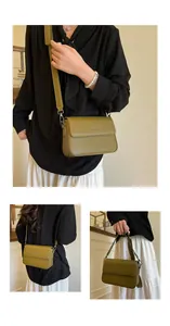 Close-up of olive green square crossbody bag shown from three stylish different angles