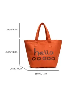 Bolso tote grande de lona naranja con dimensiones: 55x35x26 cm y estampado de letras