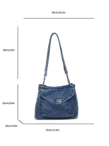 Detailed dimension diagram of a vintage denim shoulder bag with chain strap and metallic clasp