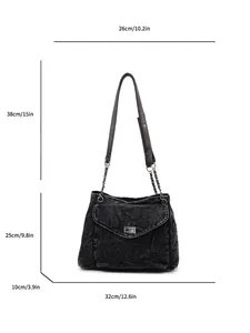 Detailed dimensions of the vintage black denim shoulder bag shown in cm and inches.